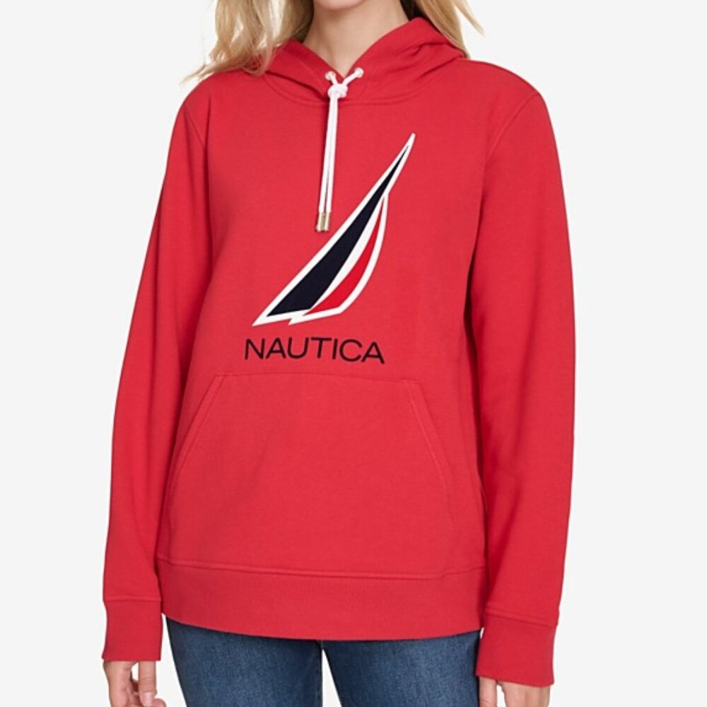 Nautica Womens Hoodie/ Solid Logo Front Hoodie/Regatta Red Pullover Sweatshirt L
